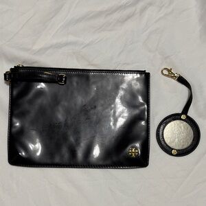 Tory Burch Black Patent Leather Logo Pouch with Gold Hardware and Mirror Charm